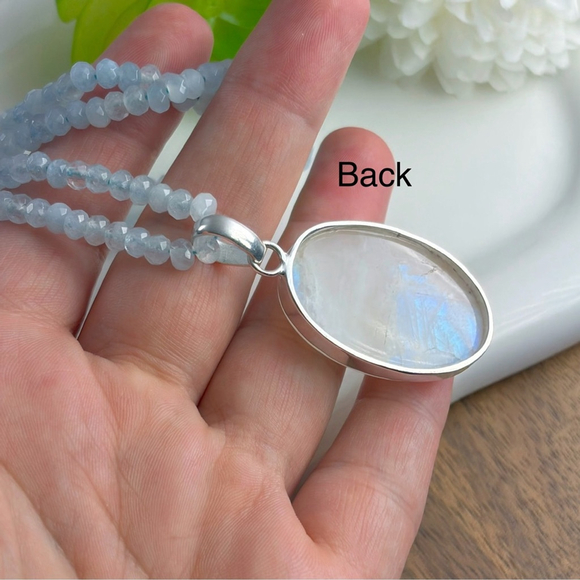 Solid Sterling Silver 925 Rainbow Moonstone Pendant Blue Necklace Boho Southwest - Picture 9 of 11